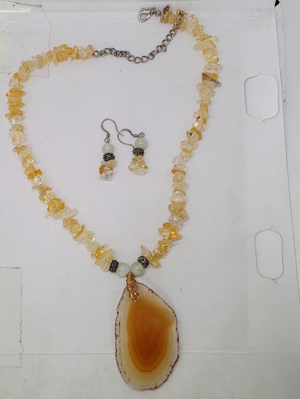 Handcrafted Yellow Agate Slice Necklace with Matching Earrings